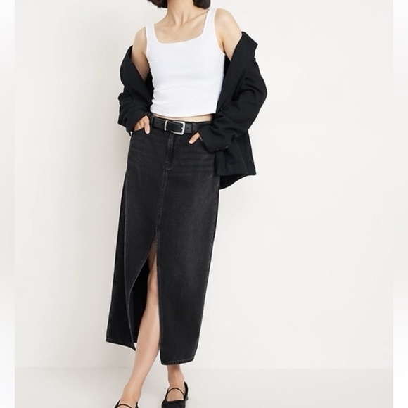 Universal Thread black denim high-waisted midi front slit skirt size 8 - Picture 1 of 12